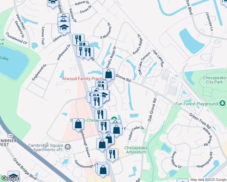 map of restaurants, bars, coffee shops, grocery stores, and more near 774 Ridge Circle in Chesapeake