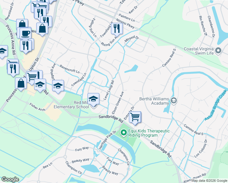 map of restaurants, bars, coffee shops, grocery stores, and more near 2517 Locust Grove Lane in Virginia Beach