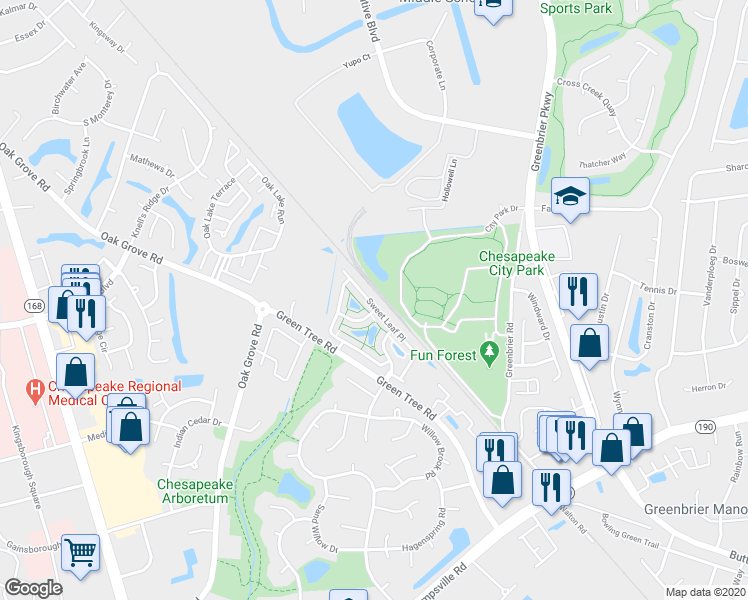 map of restaurants, bars, coffee shops, grocery stores, and more near 619 Sweet Leaf Place in Chesapeake