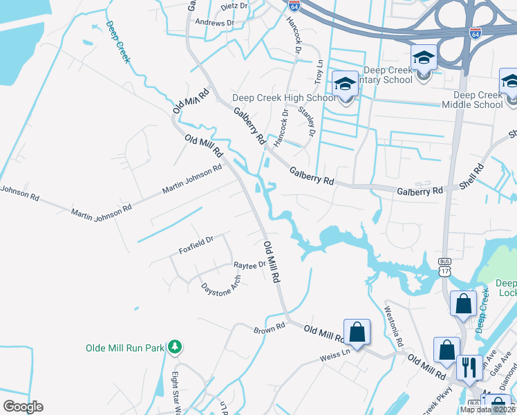 map of restaurants, bars, coffee shops, grocery stores, and more near 3500 Old Mill Road in Chesapeake