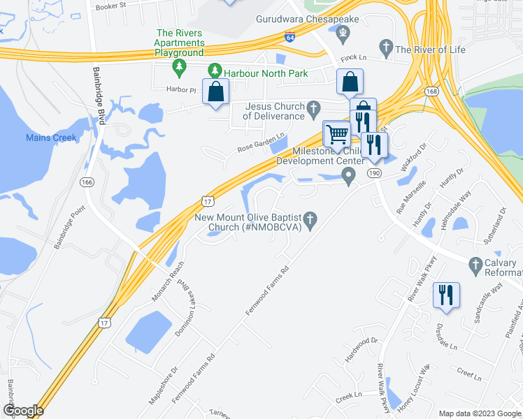 map of restaurants, bars, coffee shops, grocery stores, and more near 413 Cobblewood Arch in Chesapeake