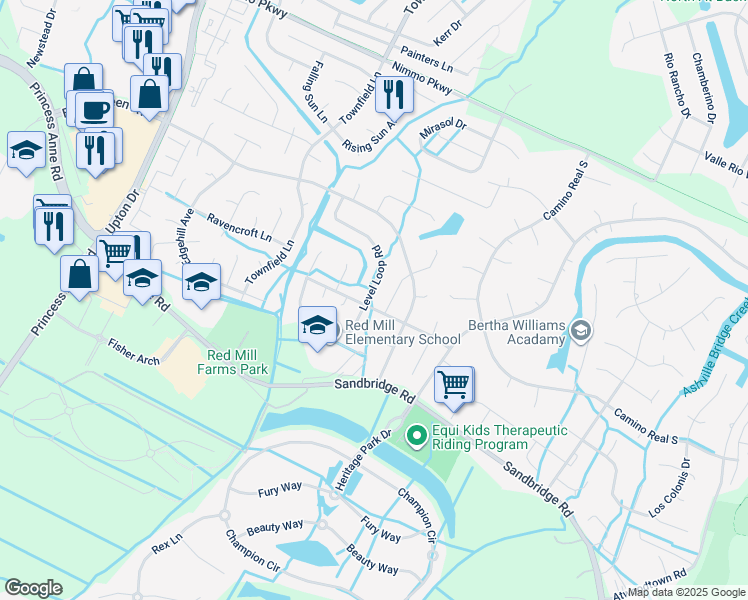 map of restaurants, bars, coffee shops, grocery stores, and more near 2580 Level Loop Road in Virginia Beach