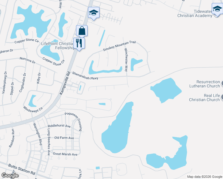map of restaurants, bars, coffee shops, grocery stores, and more near 904 Henphil Farms Court in Chesapeake