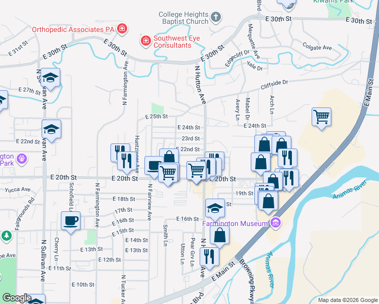 map of restaurants, bars, coffee shops, grocery stores, and more near 2613 East 22nd Street in Farmington