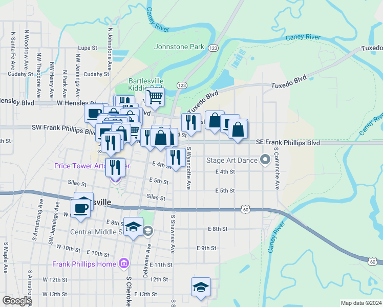 map of restaurants, bars, coffee shops, grocery stores, and more near 216 South Wyandotte Avenue in Bartlesville