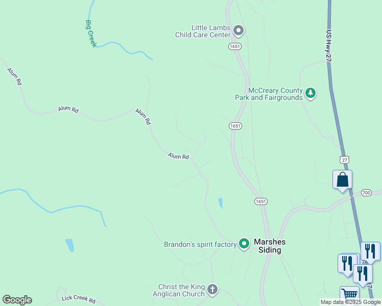 map of restaurants, bars, coffee shops, grocery stores, and more near Fanchester Spur in McCreary County