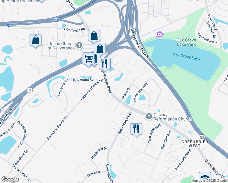 map of restaurants, bars, coffee shops, grocery stores, and more near 516 Rue Marseille in Chesapeake