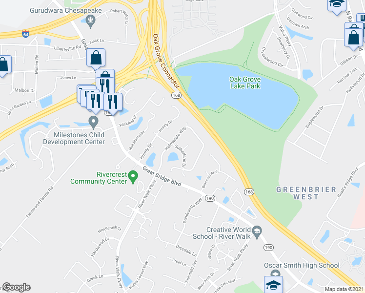 map of restaurants, bars, coffee shops, grocery stores, and more near 700 Kirkwall Court in Chesapeake