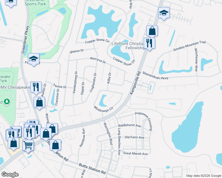 map of restaurants, bars, coffee shops, grocery stores, and more near 1102 Windswept Circle in Chesapeake