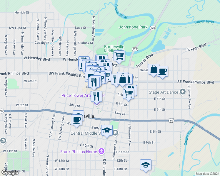 map of restaurants, bars, coffee shops, grocery stores, and more near 316 South Osage Avenue in Bartlesville