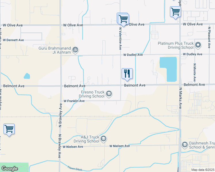 map of restaurants, bars, coffee shops, grocery stores, and more near 3463 W Belmont Ave in Fresno