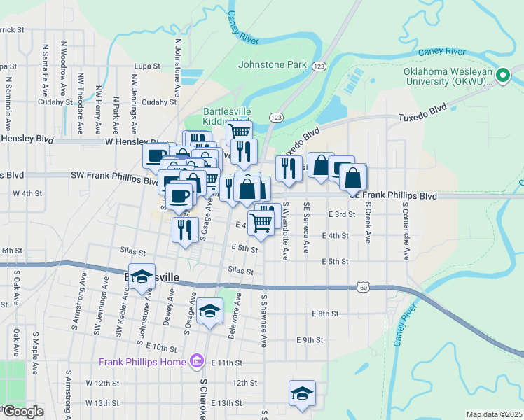 map of restaurants, bars, coffee shops, grocery stores, and more near 301 Delaware Avenue in Bartlesville