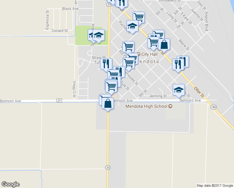 map of restaurants, bars, coffee shops, grocery stores, and more near 742 Unida Street in Mendota