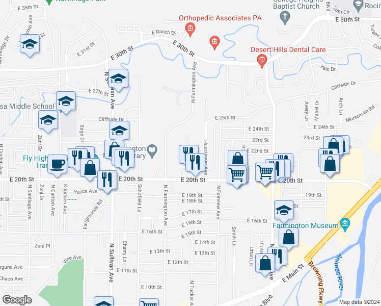 map of restaurants, bars, coffee shops, grocery stores, and more near 2104 North Tucker Avenue in Farmington
