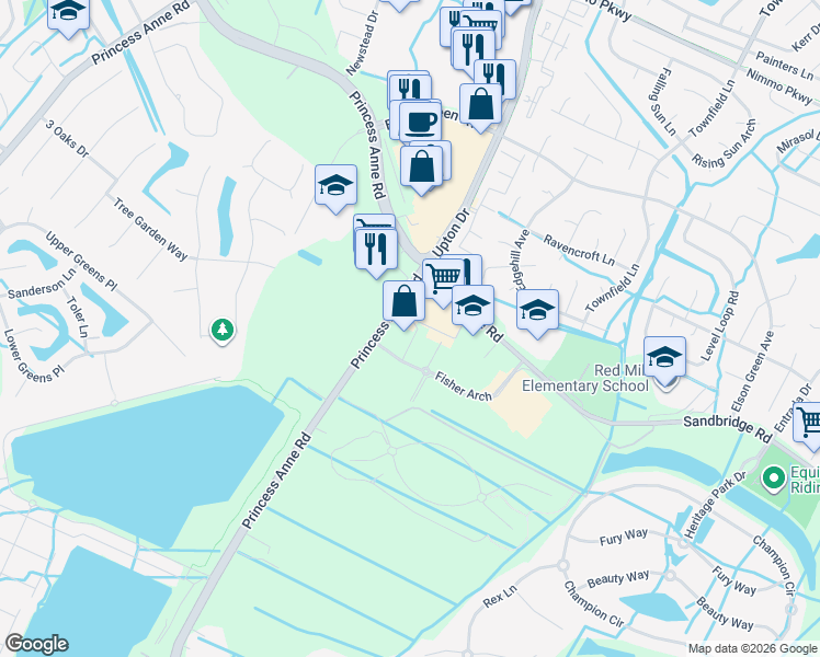 map of restaurants, bars, coffee shops, grocery stores, and more near 2088 Princess Anne Road in Virginia Beach
