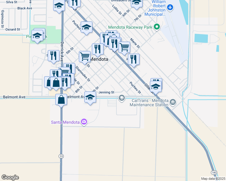 map of restaurants, bars, coffee shops, grocery stores, and more near 968 Rio Frio Street in Mendota