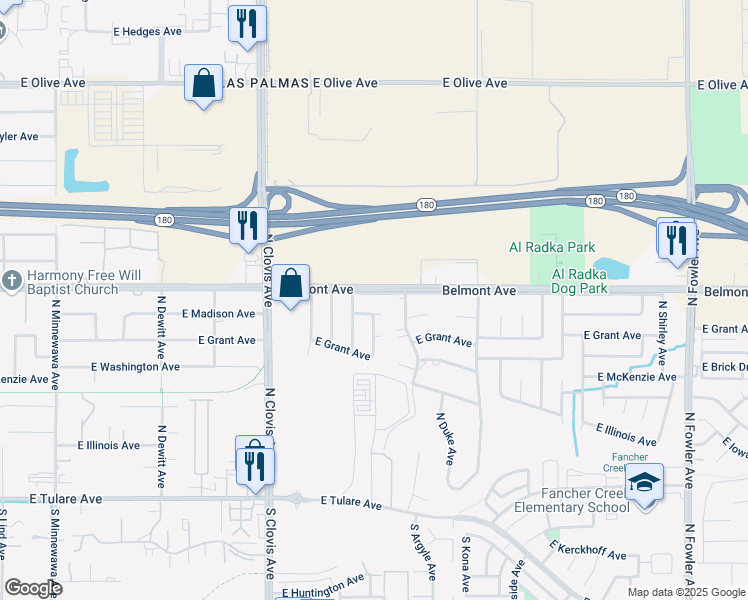 map of restaurants, bars, coffee shops, grocery stores, and more near 5684 East Belmont Avenue in Fresno