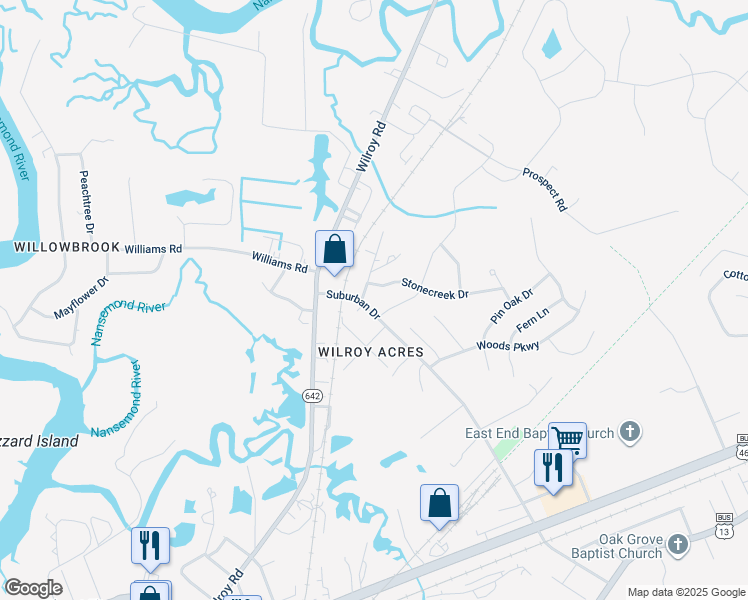 map of restaurants, bars, coffee shops, grocery stores, and more near 2001 Redgate Dr in Suffolk