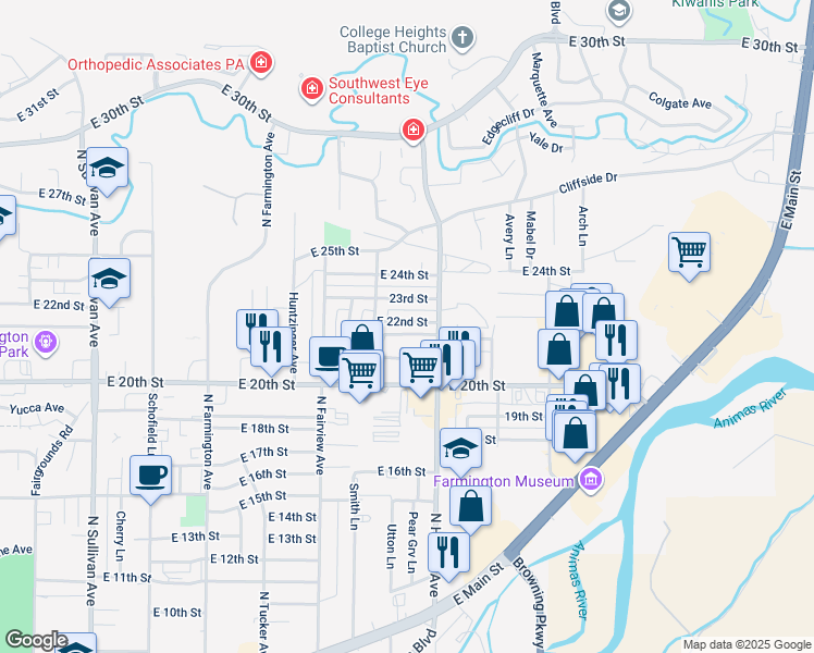 map of restaurants, bars, coffee shops, grocery stores, and more near 2613 East 22nd Street in Farmington