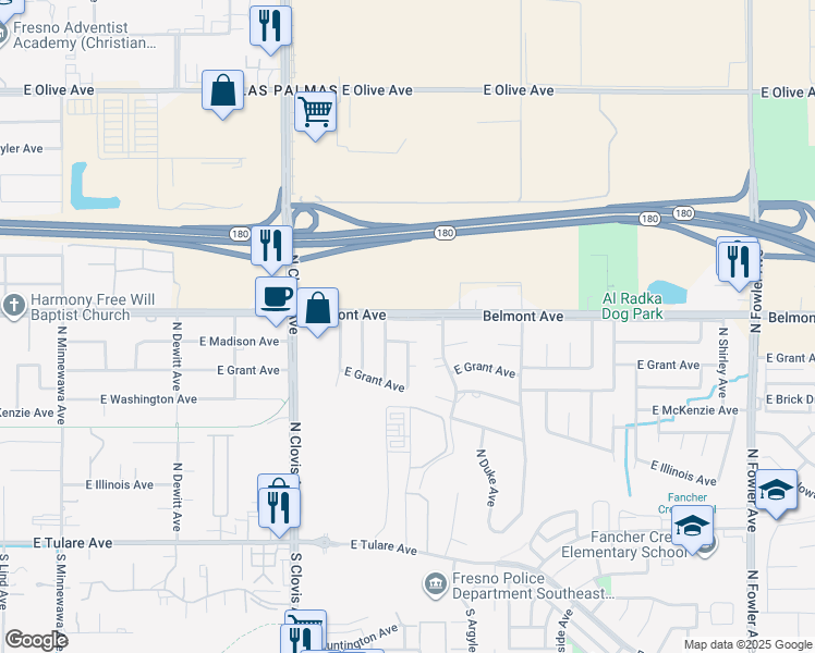 map of restaurants, bars, coffee shops, grocery stores, and more near 5684 East Belmont Avenue in Fresno