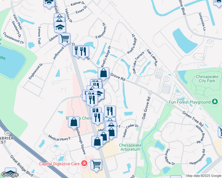 map of restaurants, bars, coffee shops, grocery stores, and more near 820 Nottaway Drive in Chesapeake