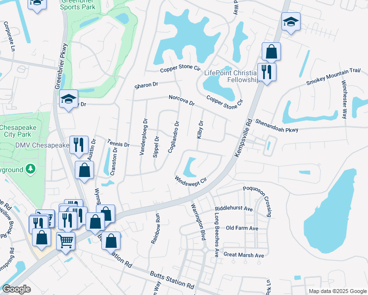 map of restaurants, bars, coffee shops, grocery stores, and more near 1038 Windswept Circle in Chesapeake