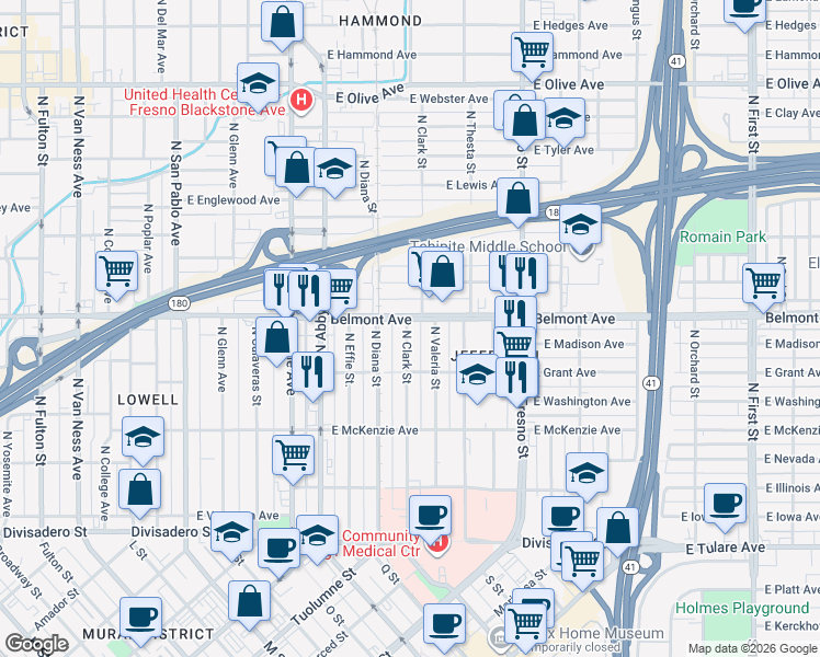map of restaurants, bars, coffee shops, grocery stores, and more near 462 North Clark Street in Fresno