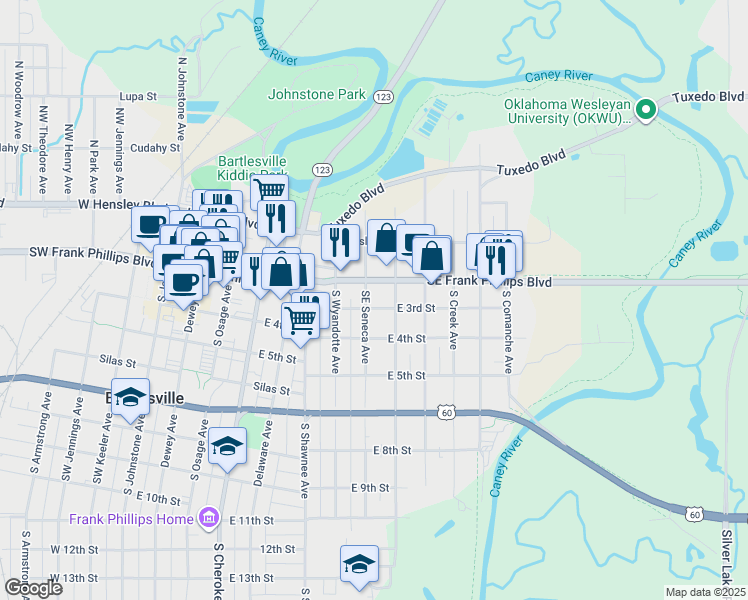 map of restaurants, bars, coffee shops, grocery stores, and more near 706 East 3rd Street in Bartlesville