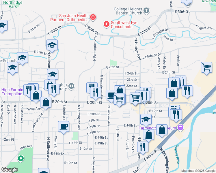map of restaurants, bars, coffee shops, grocery stores, and more near 2121 North Fairview Avenue in Farmington