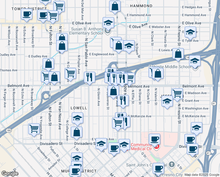 map of restaurants, bars, coffee shops, grocery stores, and more near 480 North Calaveras Street in Fresno