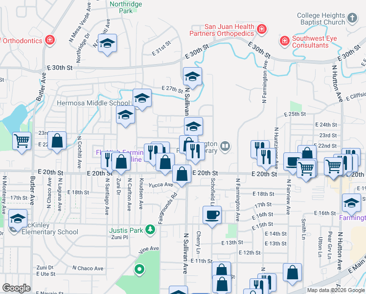map of restaurants, bars, coffee shops, grocery stores, and more near 1730 East 21st Street in Farmington