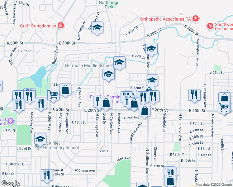 map of restaurants, bars, coffee shops, grocery stores, and more near 1600 East 21st Street in Farmington