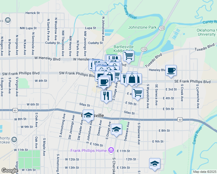 map of restaurants, bars, coffee shops, grocery stores, and more near 328 Dewey Avenue in Bartlesville