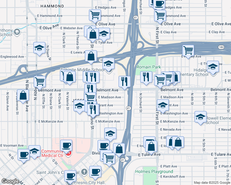 map of restaurants, bars, coffee shops, grocery stores, and more near 2814 East Belmont Avenue in Fresno