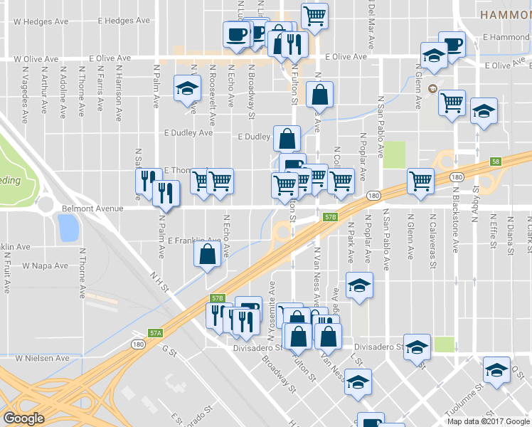 map of restaurants, bars, coffee shops, grocery stores, and more near 740 East Belmont Avenue in Fresno