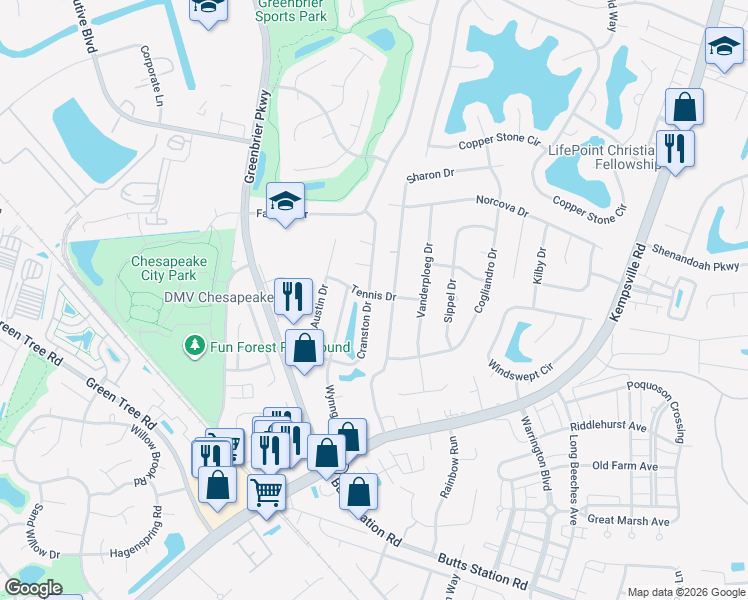map of restaurants, bars, coffee shops, grocery stores, and more near 601 Tennis Drive in Chesapeake