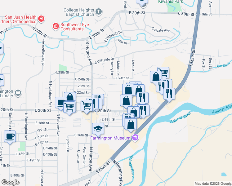 map of restaurants, bars, coffee shops, grocery stores, and more near 2909 East 22nd Street in Farmington