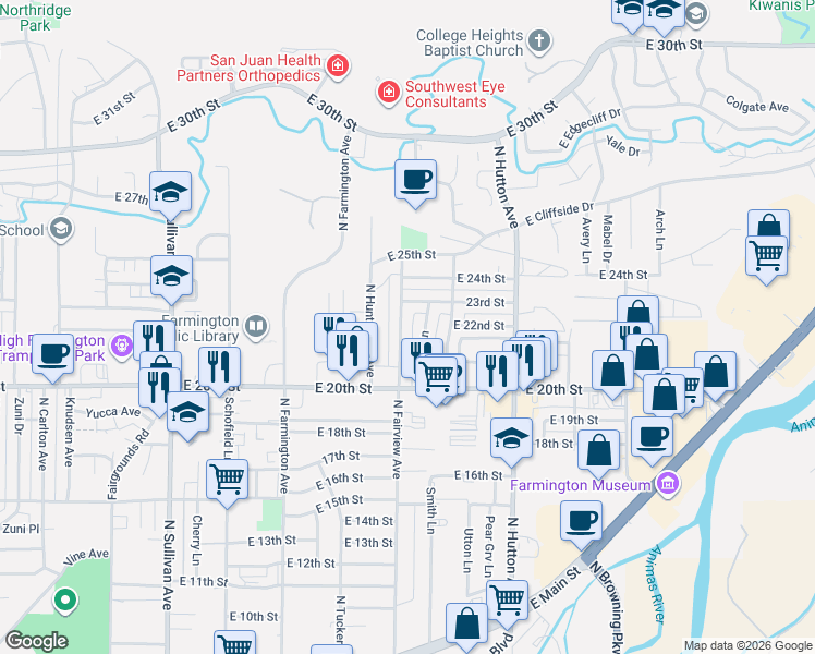 map of restaurants, bars, coffee shops, grocery stores, and more near 2121 North Fairview Avenue in Farmington