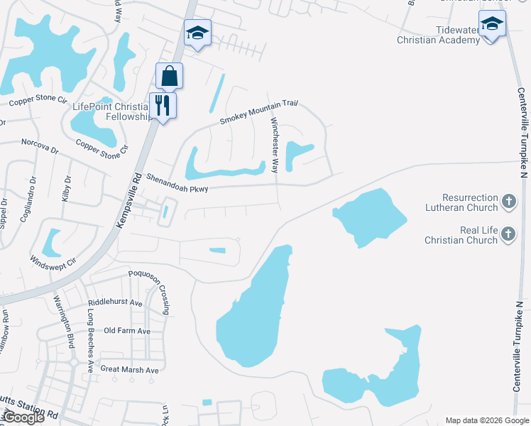 map of restaurants, bars, coffee shops, grocery stores, and more near 1357 Sanjo Farms Drive in Chesapeake