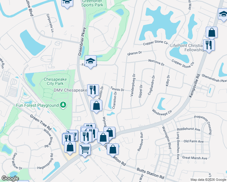 map of restaurants, bars, coffee shops, grocery stores, and more near 601 Tennis Drive in Chesapeake