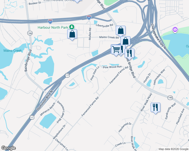 map of restaurants, bars, coffee shops, grocery stores, and more near 493 Cobblewood Bend in Chesapeake