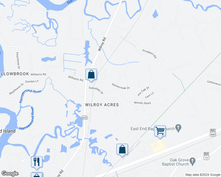 map of restaurants, bars, coffee shops, grocery stores, and more near 2013 Redgate Drive in Suffolk