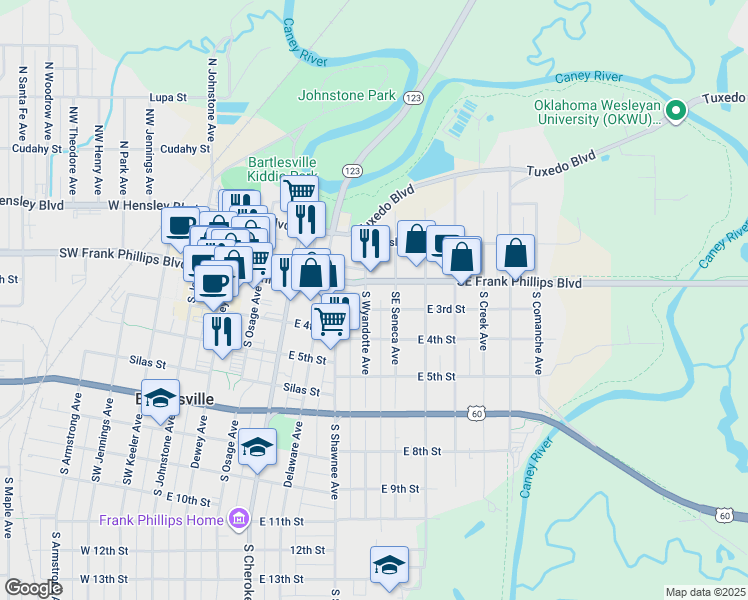 map of restaurants, bars, coffee shops, grocery stores, and more near 216 South Wyandotte Avenue in Bartlesville