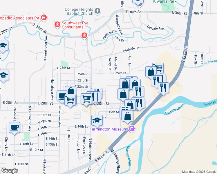 map of restaurants, bars, coffee shops, grocery stores, and more near 2909 E 22nd St in Farmington