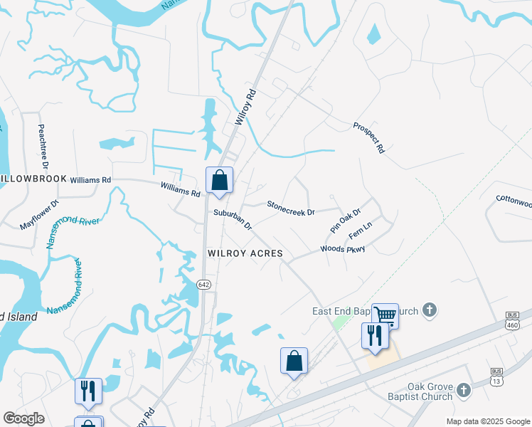 map of restaurants, bars, coffee shops, grocery stores, and more near 2013 Redgate Drive in Suffolk