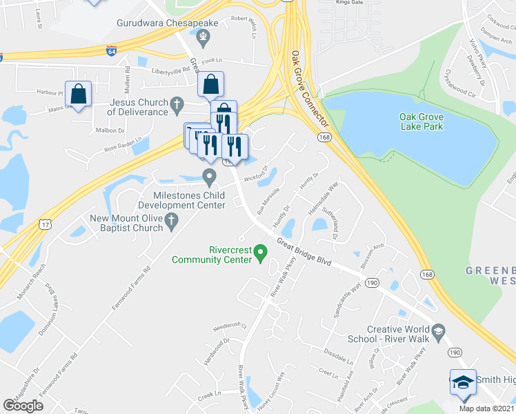 map of restaurants, bars, coffee shops, grocery stores, and more near 514 Rue Marseille in Chesapeake