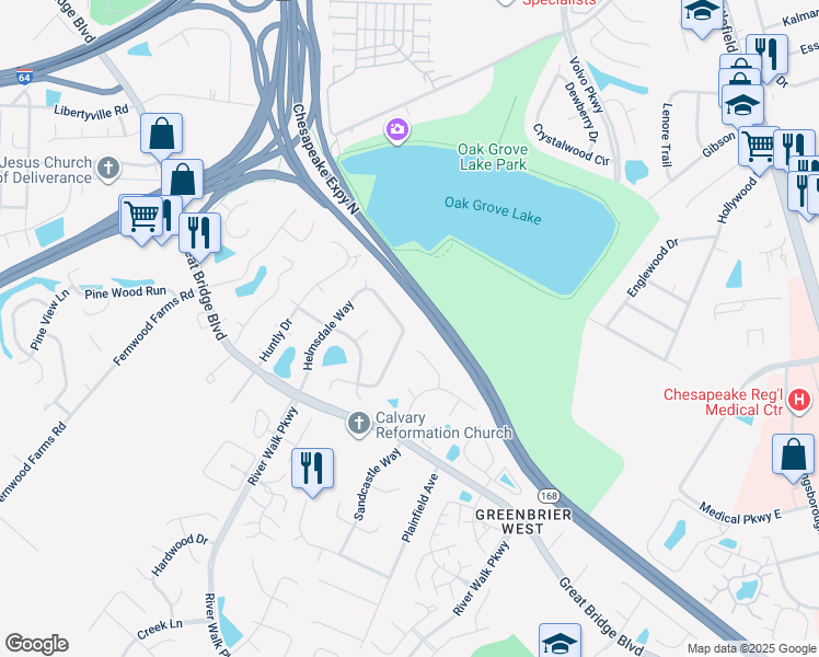 map of restaurants, bars, coffee shops, grocery stores, and more near 760 Helmsdale Way in Chesapeake