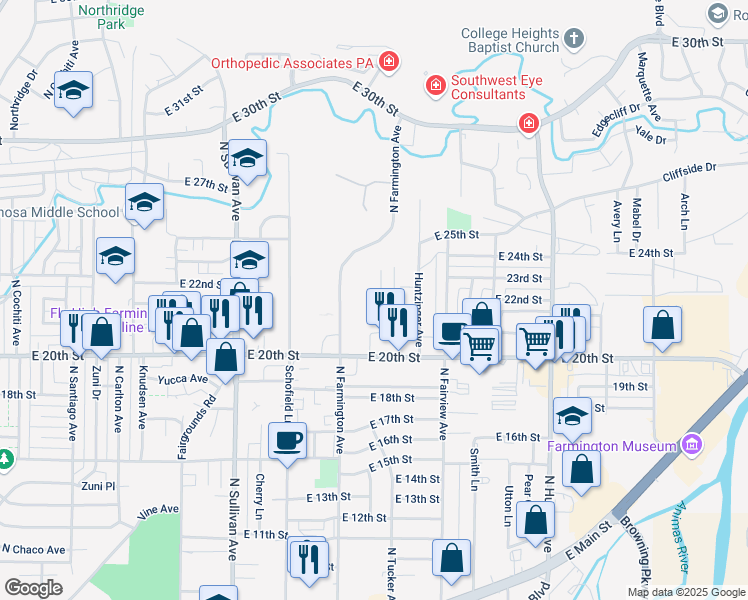 map of restaurants, bars, coffee shops, grocery stores, and more near 2107 North Tucker Avenue in Farmington