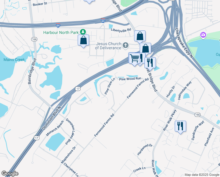 map of restaurants, bars, coffee shops, grocery stores, and more near 493 Cobblewood Bend in Chesapeake