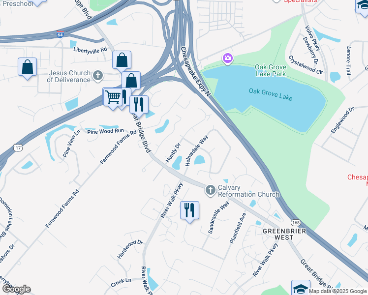 map of restaurants, bars, coffee shops, grocery stores, and more near 706 Montrose Court in Chesapeake